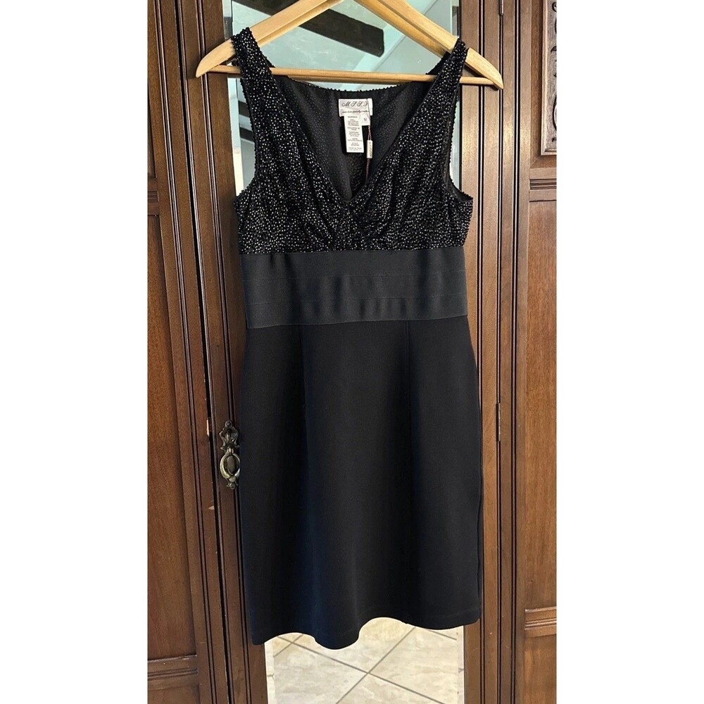 NWT MSSP Max Studio Black Cocktail Dress M Silk Blend Trim Mesh V-Neck Bodycon